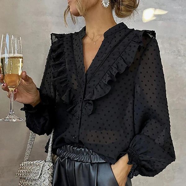 Blouses Femmes 2024 Printemps Élégant Col En V Bouton Blouse Femmes Sexy À Pois Imprimé À Volants Chemise En Maille Automne Lanterne À Manches Longues Bureau Dame