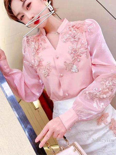 Blouses pour femmes 2024 Spring Fashion Murffon Shirt Femme Collier de style coréen Collier de broderie florale douce