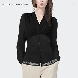 Blouses pour femmes 2024 Spring à manches longues à manches longues Black en mousseline de mousseline en V V vaignement mince en dentelle cintrée