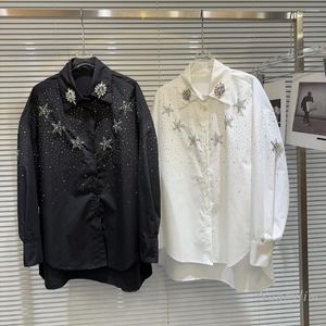 Women's Blouses 2024 Spring losse wit shirt voor vrouwen licht luxe strass patroon met lange mouwen blouse turn kraag onregelmatige top blusa's