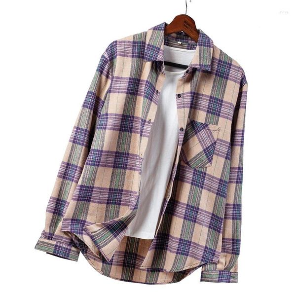 Blusas para mujeres 2024 camisas a cuadros de primavera top y manga larga dama de gran tamaño blusas bolsillo hembra suelta camisa púrpura