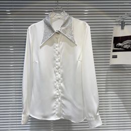 Women's Blouses 2024 Spring Rhinestone Diamond nagel kralen Tie Satin Lange Sloce White Black Shirt Women Hoge kwaliteit