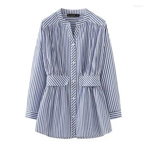 Blouses pour femmes 2024 printemps chemises bleu blanc rayé vertical femmes taille haute col en v chemise manteau mode Blouse hauts femme