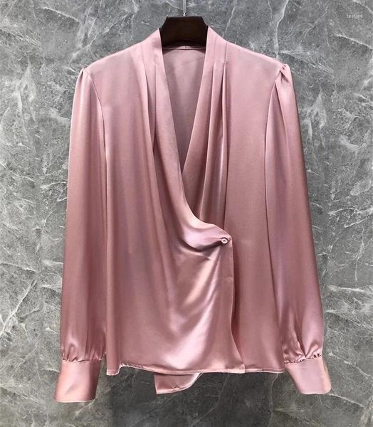 Blouses pour femmes 2024 printemps été Blouse de haute qualité femmes Sexy col en v profond à manches longues rose abricot rouge élégant hauts femme