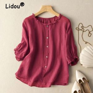 Blouses pour femmes 2024 Fashion printemps d'été Simple décontracté vintage Bouton irrégulier Cotton en lin shirts féminins Solide 3/4 Sleeve