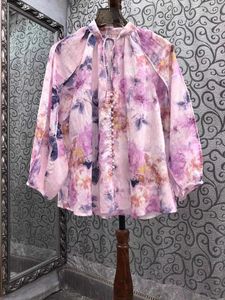 Blouses pour femmes 2024 printemps d'été de haute qualité Femme en V V Purple Floral Print TUNIC BUNCH LANTER