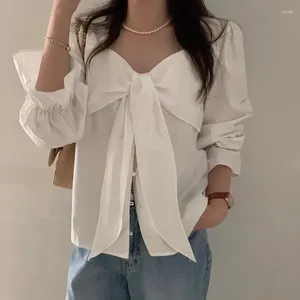 Blouses pour femmes 2024 printemps été chemises coréennes Vintage élégant noeud chemise blanche japonaise doux col carré à manches longues Blusas Mujer