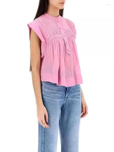 Damesblouses 2024 Lente Zomer Dames Wit Of Roze Zoet Shirt Ronde Hals Met Knopen Dames Mouwloos Losse Geplooide Blouse