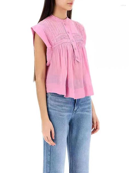 Blusas de mujer 2024 Primavera Verano señoras blanco o rosa dulce camisa cuello redondo con botones mujeres sin mangas blusa holgada y plisada