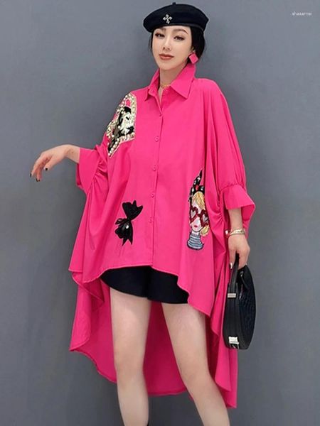 Blouses féminines 2024 Spring / Summer Long Shirt Design avec de l'industrie lourde Diamants Nail Diamants Forme de chauve-souris