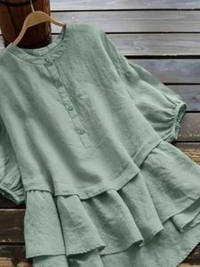 Blusas de mujer 2024 Primavera/Verano Camisa de longitud media de manga corta de lino y algodón con botones lisos
