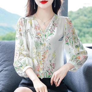 Blouses pour femmes 2024 Spring d'été Blouse Fashion Fashion Breded Silk Mmeffon Shirt V-Neck Loose