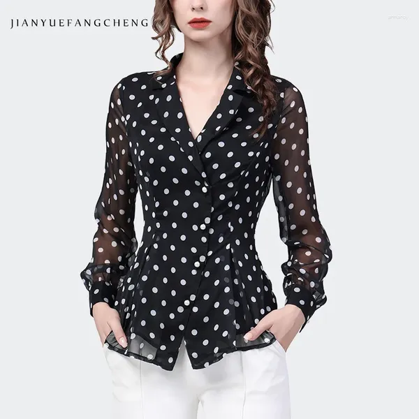 Blouses Femmes 2024 Printemps Été Femmes À Manches Longues Noir Polka Dots Chemisier En Mousseline De Soie Dames Top Élégant Skinny Costume Col Casual Petit