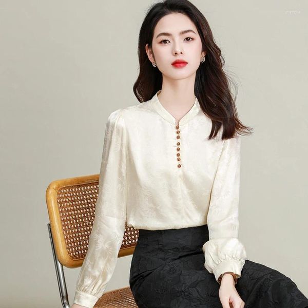 Blouses des femmes 2024 Spring été Femmes beige Shirts de soie beige pour la dame rétro Oriental Tops élégant Bamboo Pattern Jacquard