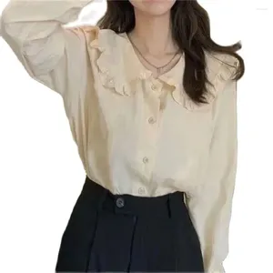 Blouses des femmes 2024 Spring Reprod Down Clouse Blouse Femme Femme Blanc Beige Shirt Long Sweet Preppy Style Basic Top Korean Japanese Fashion