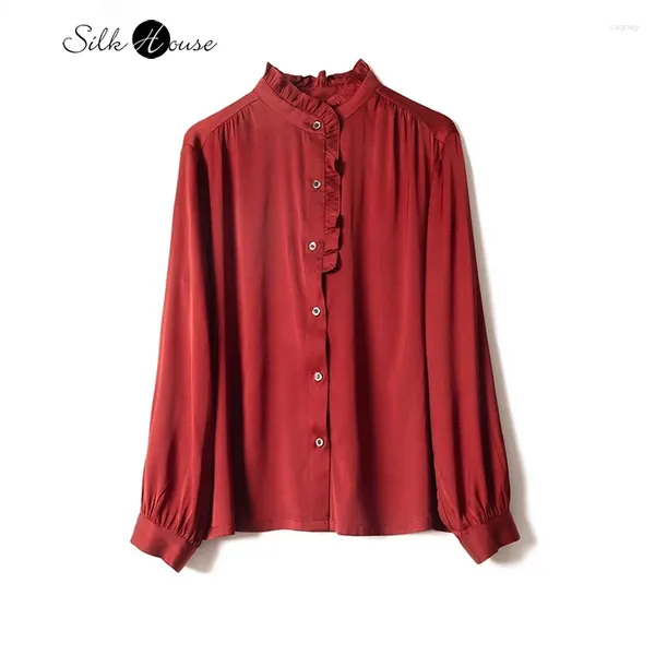 Blouses pour femmes 2024 printemps polyvalent 92,8% Mulberry Silk Elastic Satin confortable Vin Rouge Rouge en bois massif Cold de collier pour femmes