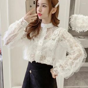 Women's Blouses 2024 Spring Vintage Shirts Stand See-through Lace Long Sleeve Shirt Tops