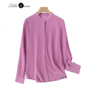 Women's Blouses 2024 Spring welzijn Natuurlijke moerbei zijde 03crepe de chine stand kraag eenvoudige eenmalige borsten met lange mouwen shirt