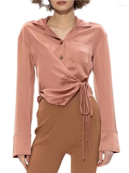 Blouses Femmes 2024 Printemps Femmes Asymétrique À Lacets Chemise À Manches Longues Col Cranté Simple Boutonnage Dames Couleur Unie Tempérament Blouse