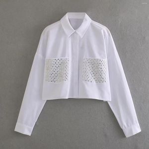 Blouses pour femmes 2024 Chemise courte cloutée Femme Mode Manches longues Blanc pour femmes Y2K Automne Chemises boutonnées et