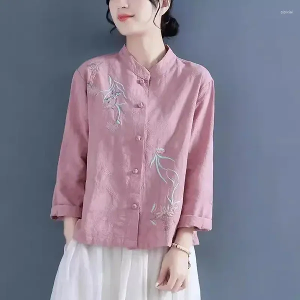 Blouses pour femmes 2024 été style chinois chemise en coton et lin brodé boutonné à manches longues col montant hauts à fond ample K307