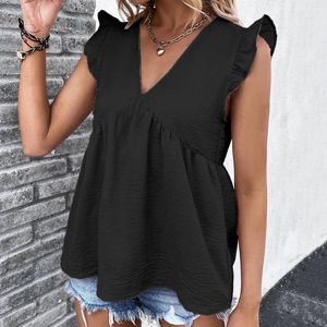 Blouses pour femmes 2024 été élégant mode volants plis chemisier sans manches femme vêtements rue col en v lâche chemises solides femme T-shirt