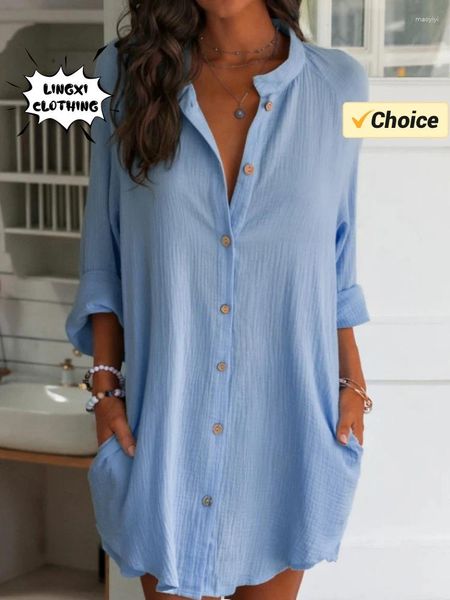 Blouses pour femmes 2024 Summer Resort Style Elegant Cotton Linen Shirt Couleur Couleur Single Breasted Pocket Beach Suncreen