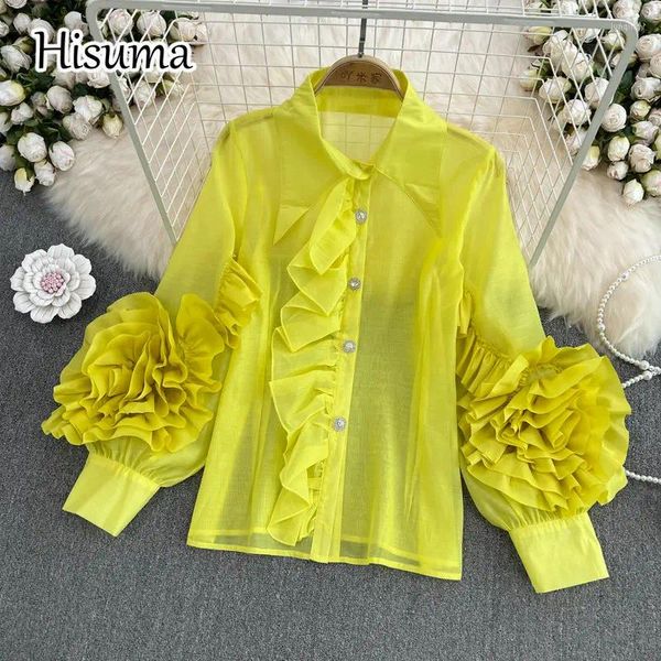 Blusas para mujeres 2024 Summer Stand Female Collar Manga Manga 3D Flower Ruffles Camas de gasa Mujeres elegantes