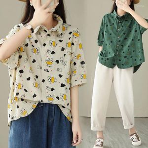 Blouses Femmes 2024 Été Version coréenne Chemise à manches courtes à la mode à simple boutonnage en vrac imprimé bovins laitiers Doodle femmes T178