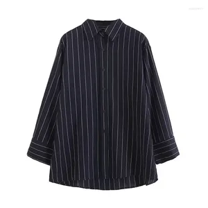 Blusas de mujer 2024 verano solapa manga larga camisa de lino a rayas de un solo pecho versión cómoda Tops sueltos que combinan con todo