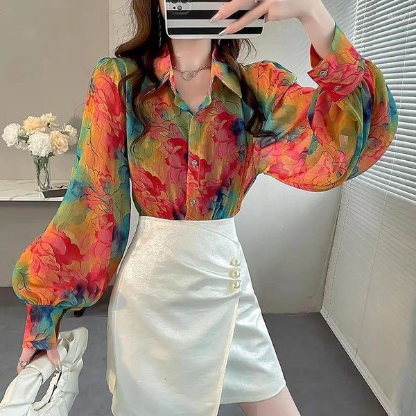 Blouses pour femmes 2024 Été surdimensionné haute taille Chic Bohemian Retro Office Lady Shirt Imprimée Imprimée V Couper V Long Manche Y2K Tops