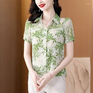 Blouses pour femmes 2024 Summer Retro Office occasionnel Loose Lady Chinese Style Shirt Imprimé BAMBO BAMBO V COU COU COUPE