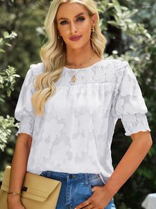 Blouses des femmes 2024 Summer Ruffles Murffon Shirt Women European and American Leisure Couleur solide plissage Jacquard Pullover Sleeve courte