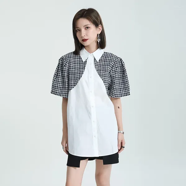 Blusas de mujer 2024 camisa de verano diseño femenino sensación solapa pequeña costura colores funda de chorlito en manga corta larga suelta