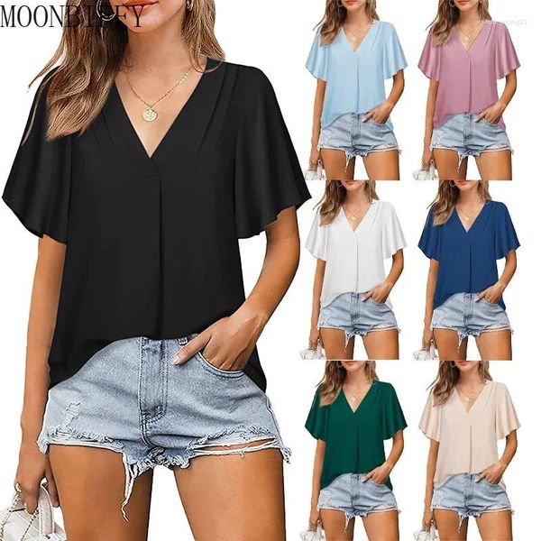 Blouses pour femmes 2024 Été Solide Short Sleeve For Women Fashion Elegant V Neck Office Work Lady Shirts Casual Mariffon Blouse Tops Y2K