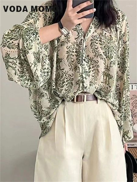 Blouses pour femmes 2024 Summer V Neck Lantern Sheve Loose Shirts Tops Vintage Boho Floral Print Murffon Suncred Shirt