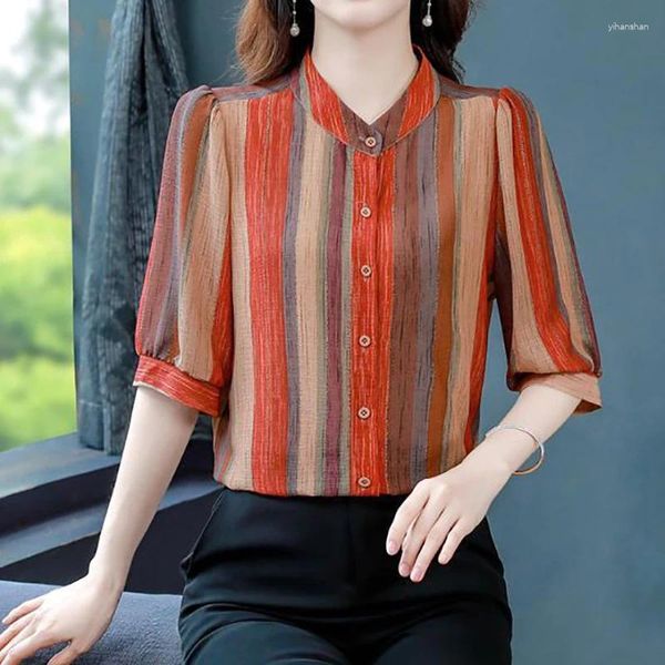 Blouses pour femmes 2024 Été Vertical Stripes Design Sense Mid Sleeve Elegant Temperment Casual Lady Shirt Fashion Fashion Fashion Top confortable