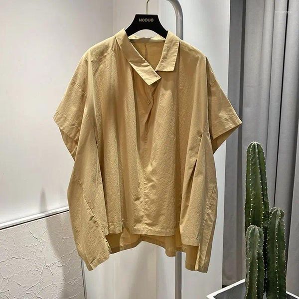 Blouses Femmes 2024 Été Vintage Plus Taille Chemise Asymétrique Femmes Col Diagonal Manches Courtes Bouton Pulls Mode Tout-Match Hauts