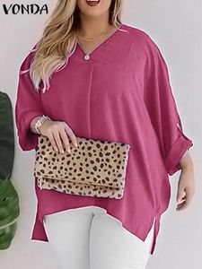 Blouses Femmes 2024 VONDA Élégant Mode Femmes Blouse Casual Col En V 3/4 Manches Irrégulières Ourlet Lâche Chemises De Couleur Unie Top Busas