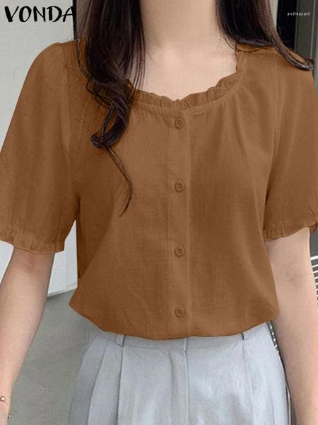 Blouses des femmes 2024 Vonda Elegant Femmes Blouse à volants Couleur solide Solide Chemises décontractées