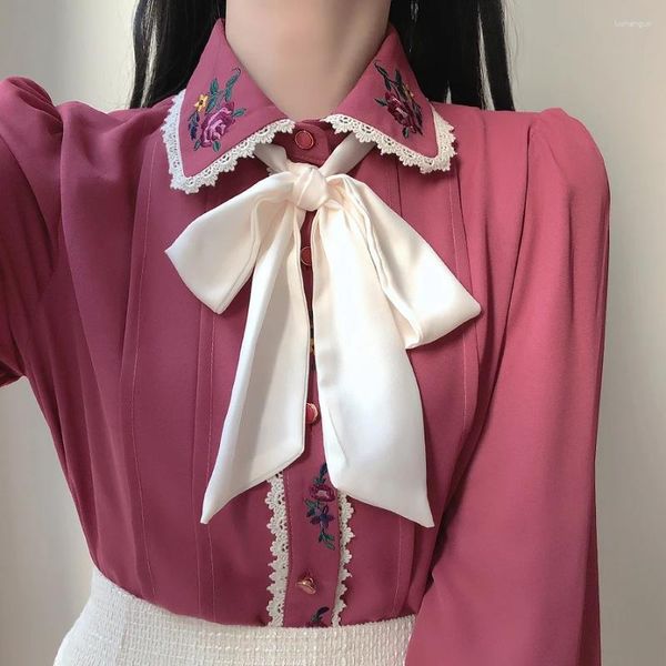 Blouses des femmes 2024 Femmes mignonnes à nœud papillon Tops du style preppy vintage japon corée de conception bouton de chemises formelles élégantes