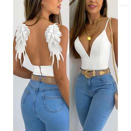 Blouses Femmes 2024 Femmes Mode Angel Wings Décor Dos Nu Cami Top Sans Manches Spaghetti Sangle Plunge Gilet Femme Chemise Sexy