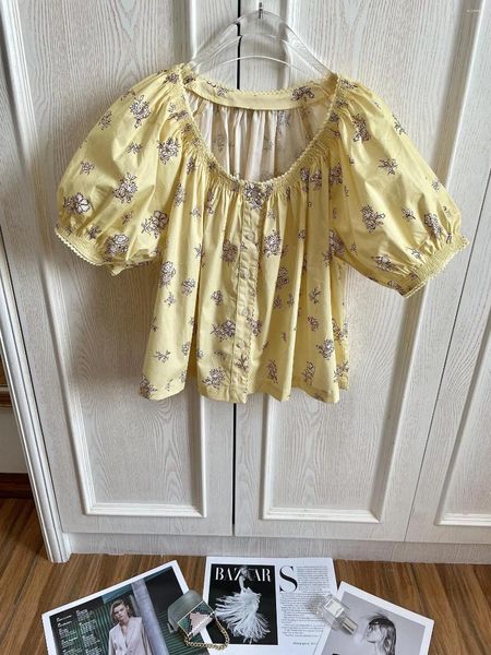 Blouses des femmes 2024 Fashion Fashion Bubble Sleeves Sexy Pastoral Floral Yellow Doll Top 0606