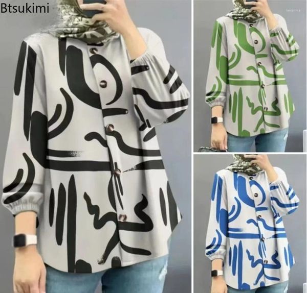 Blusas de mujer 2024 moda mujer blusa musulmana primavera manga larga camisa estampada Retro Casual Tops Turquía Abaya Hijab ropa islámica femenina