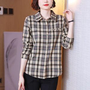 Blouses Femmes 2024 Femmes Plaid Tops Mode Casual Manches longues Bureau Lady Chemises de travail Femme Loose-Fit Blusas Blouse T168