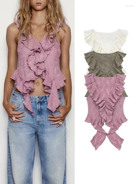 Blouses Femmes 2024 Femmes Sexy Poitrine Wrap Tops Courts Fée Coquette Volants Col V Vintage Sans Manches Slim Fit Réservoir Gilet 3 Couleurs