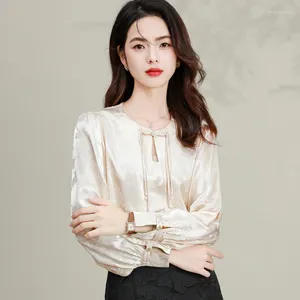 Women's Blouses 2024 Women Silk Jacquard Tops Beige Low-key bloemenpatroon Chinese Qipao-stijl Kleding Kantoor dame elegante kleding