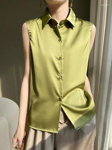 Women's Blouses 2024 Dames Mouwloze shirt Kwaliteit kunstmatige zijden satijnen stof eenvoudige zomer casual t-shirt tanktops #f05