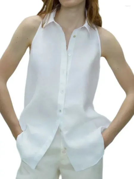 Blouses Femmes 2024 Femmes Été Élégant Bouton Up Sans Manches Halter Cou Chemises Bureau Lady Coton Lin Blanc Travail Blouse Chic