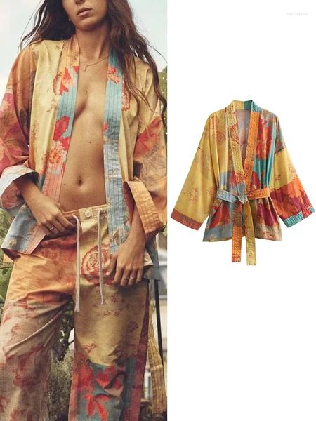 Blouses Femmes 2024 Femmes Été Imprimé Kimono Mode Lâche Col En V À Manches Longues Chic Femme Ceinture Décorative Hauts Mujer